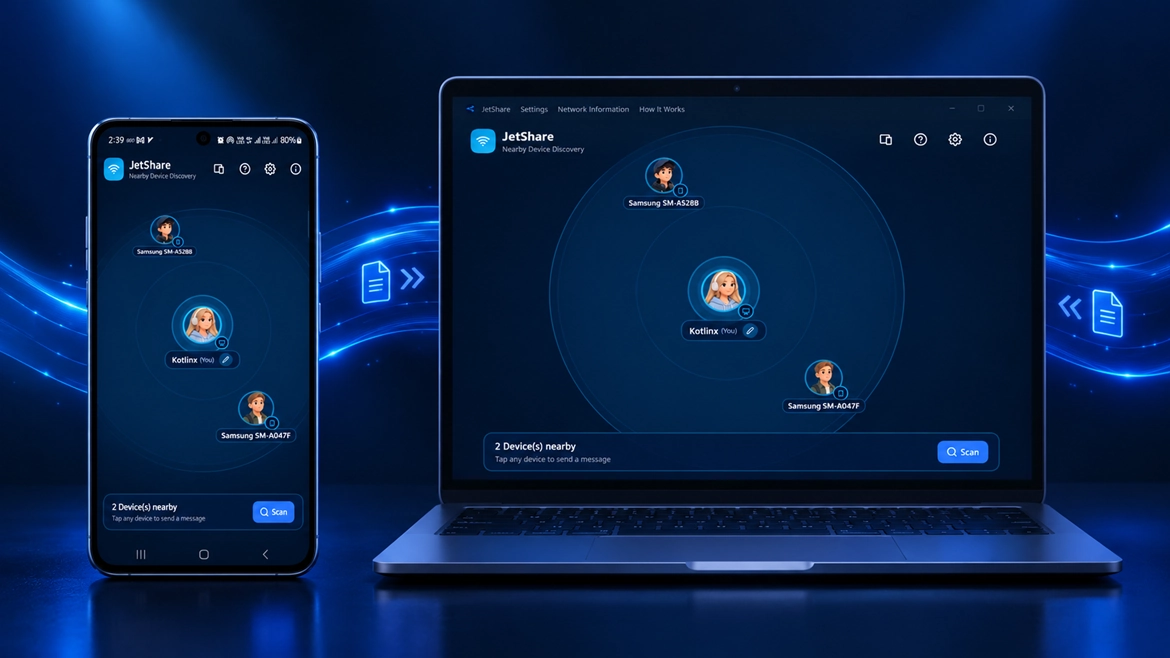 JetShare Nearby Device Transfer Showcase (Dark)